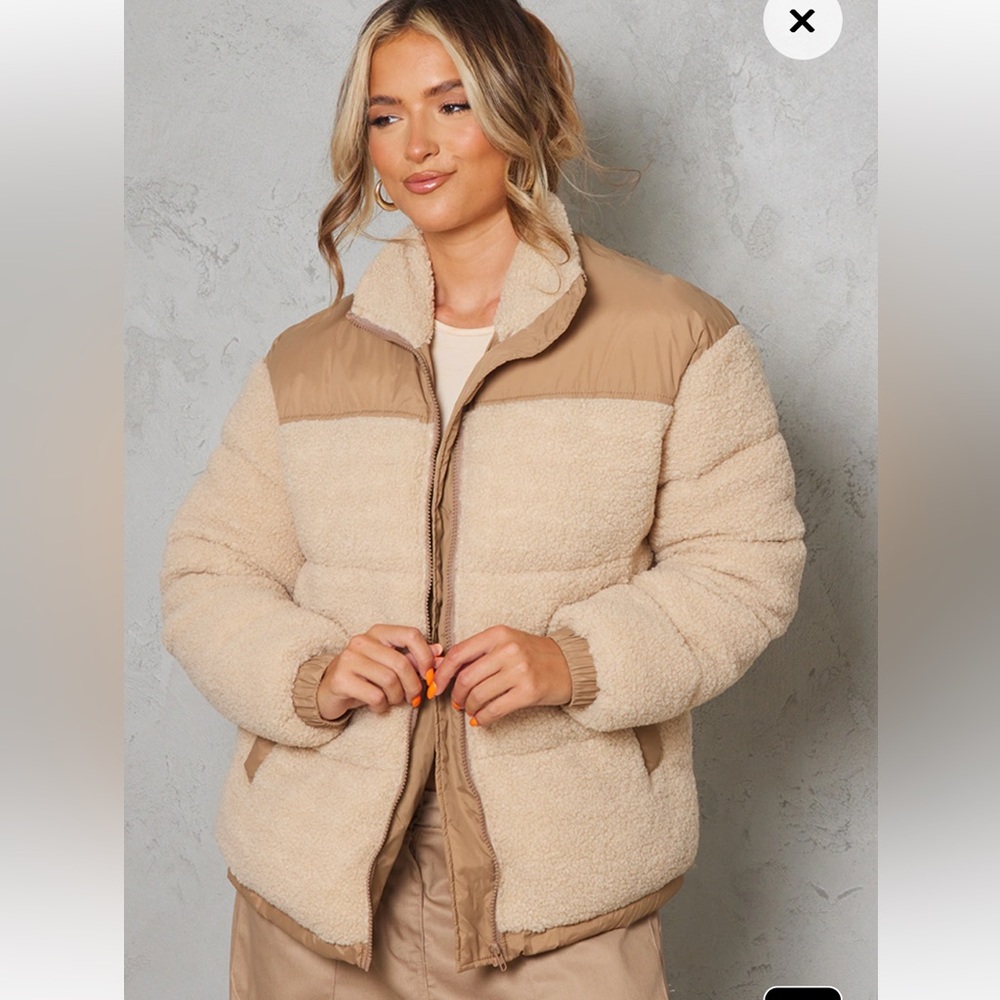 Camel Borg Contrast Panelled Puffer Coat